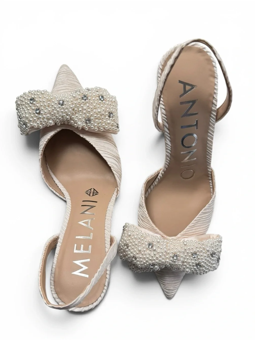 Antonio Melani Women Champagne Pearl Bow Slingback Heels Pointed Toe Size 8.5